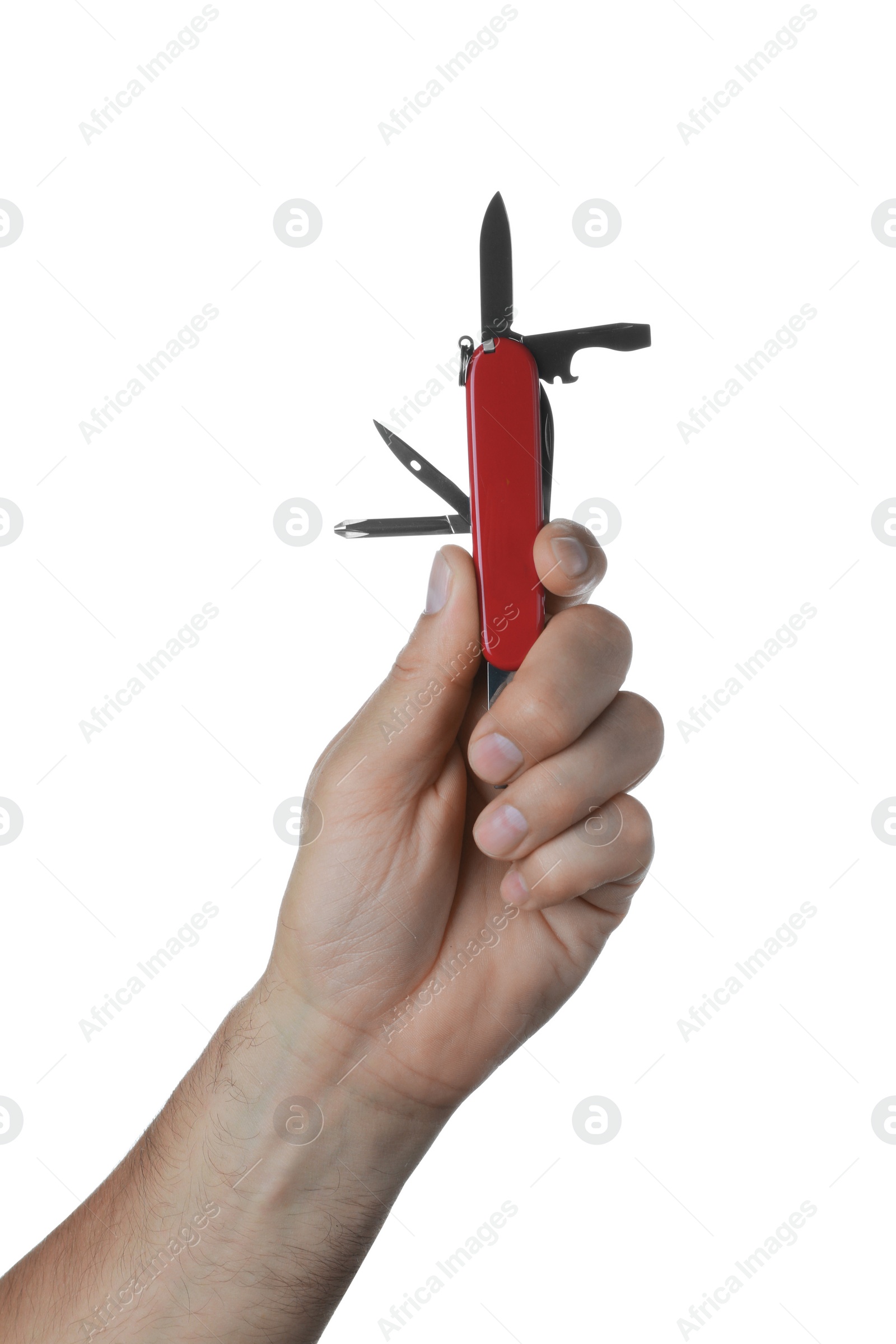 Photo of Man holding multitool on white background, closeup