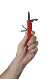 Photo of Man holding multitool on white background, closeup