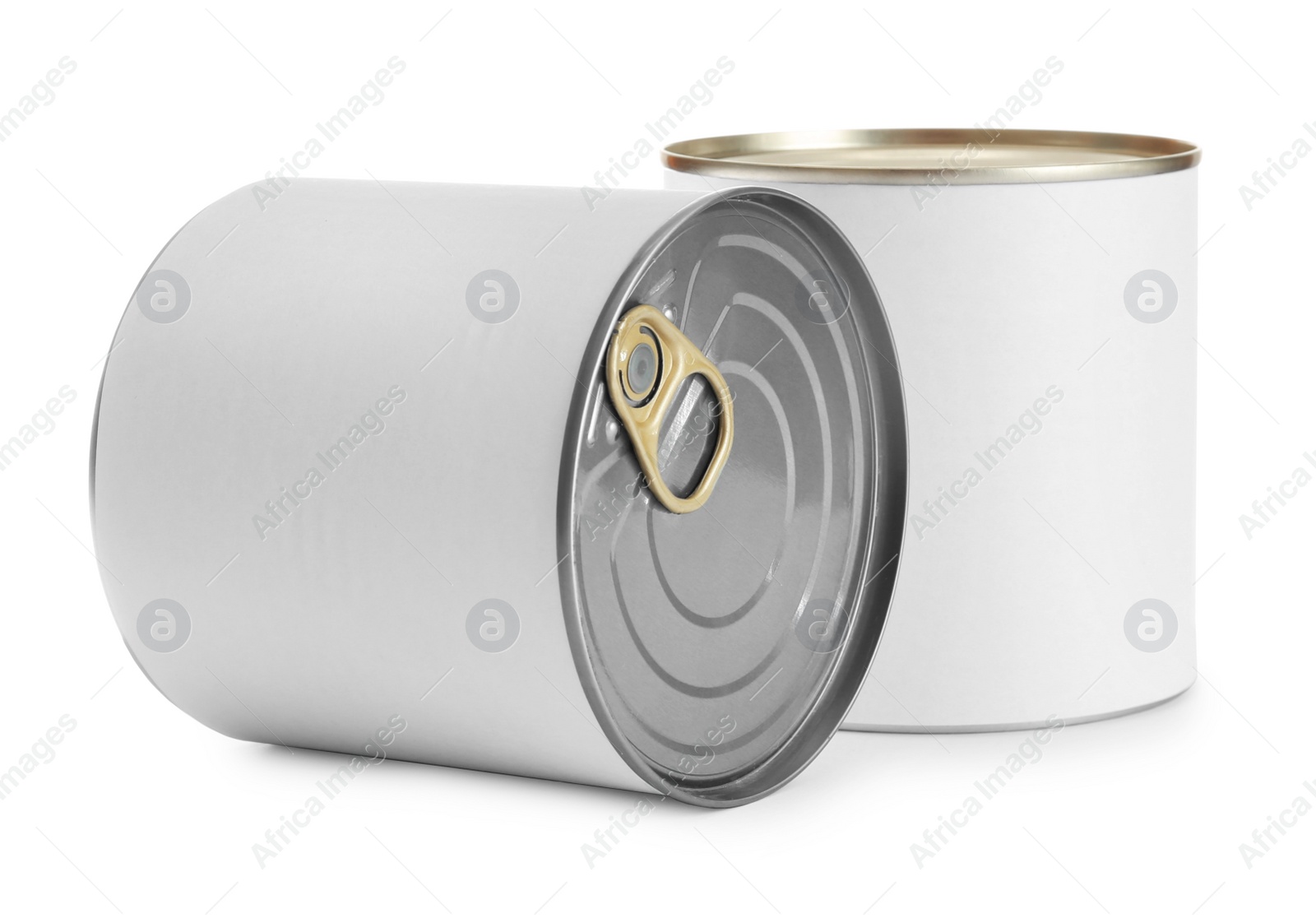 Photo of Closed tin cans isolated on white, mockup for design