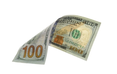 Photo of One hundred dollar banknote on white background. American national currency