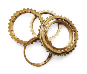 New stainless steel gears on white background, top view