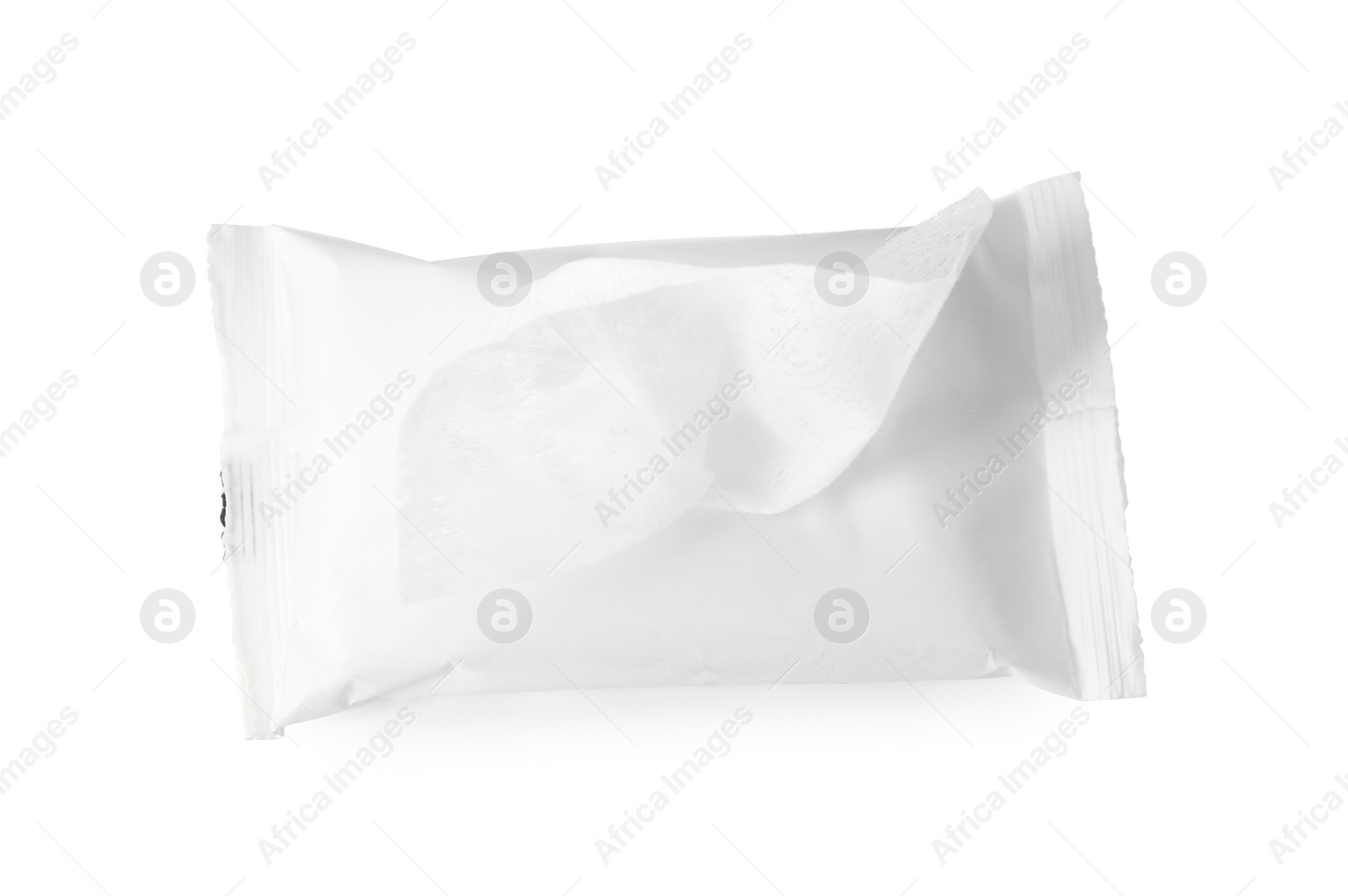 Photo of Open wet wipes flow pack isolated on white, top view