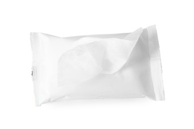 Open wet wipes flow pack isolated on white, top view