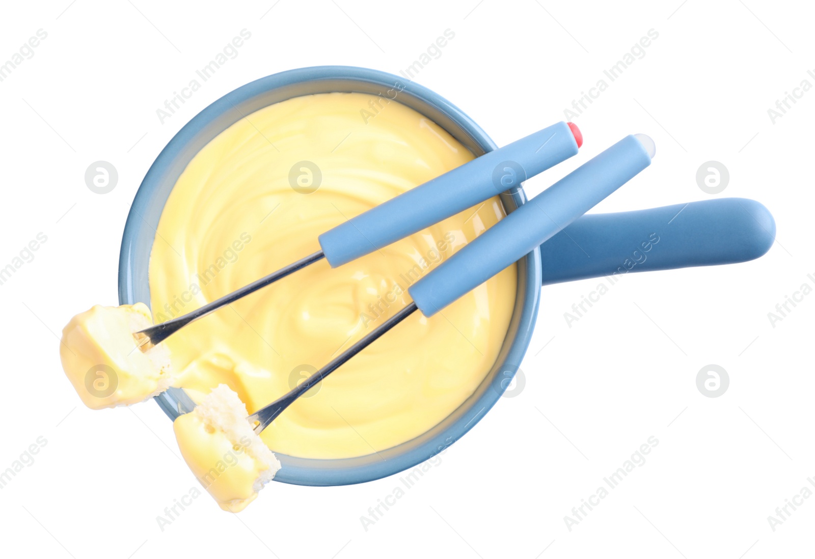 Photo of Pot of delicious cheese fondue and forks with bread on white background, top view