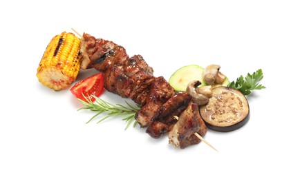 Delicious shish kebab, rosemary, parsley and vegetables isolated on white