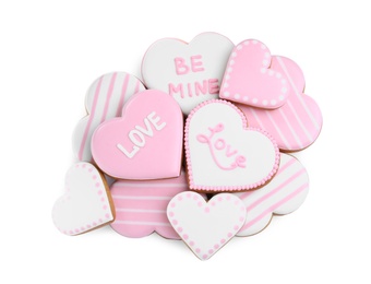 Delicious heart shaped cookies on white background, top view. Valentine's Day