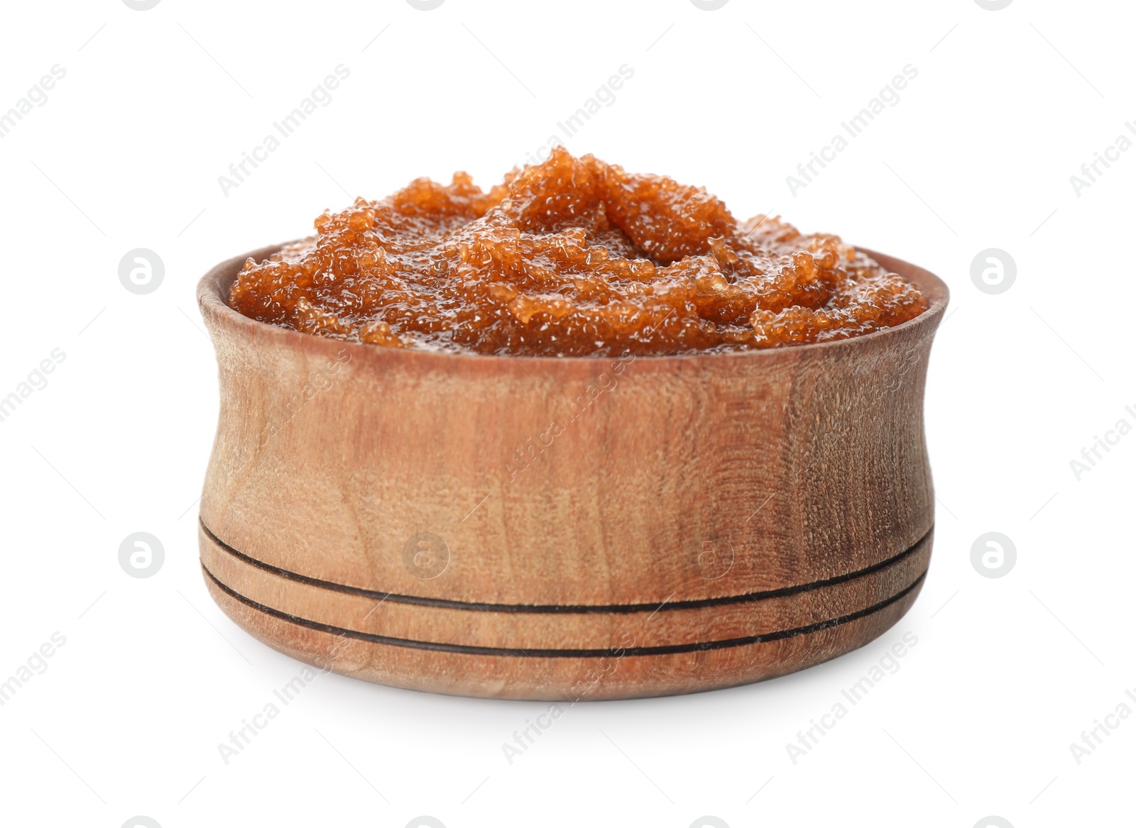 Photo of Wooden bowl of brown body scrub isolated on white