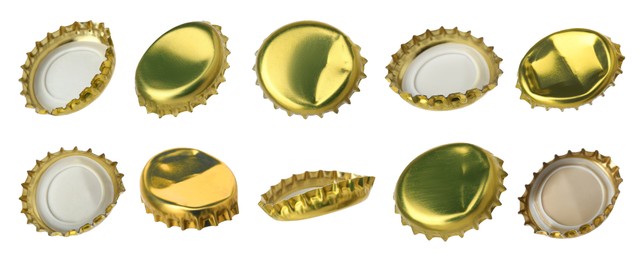 Image of Golden beer bottle caps isolated on white, set