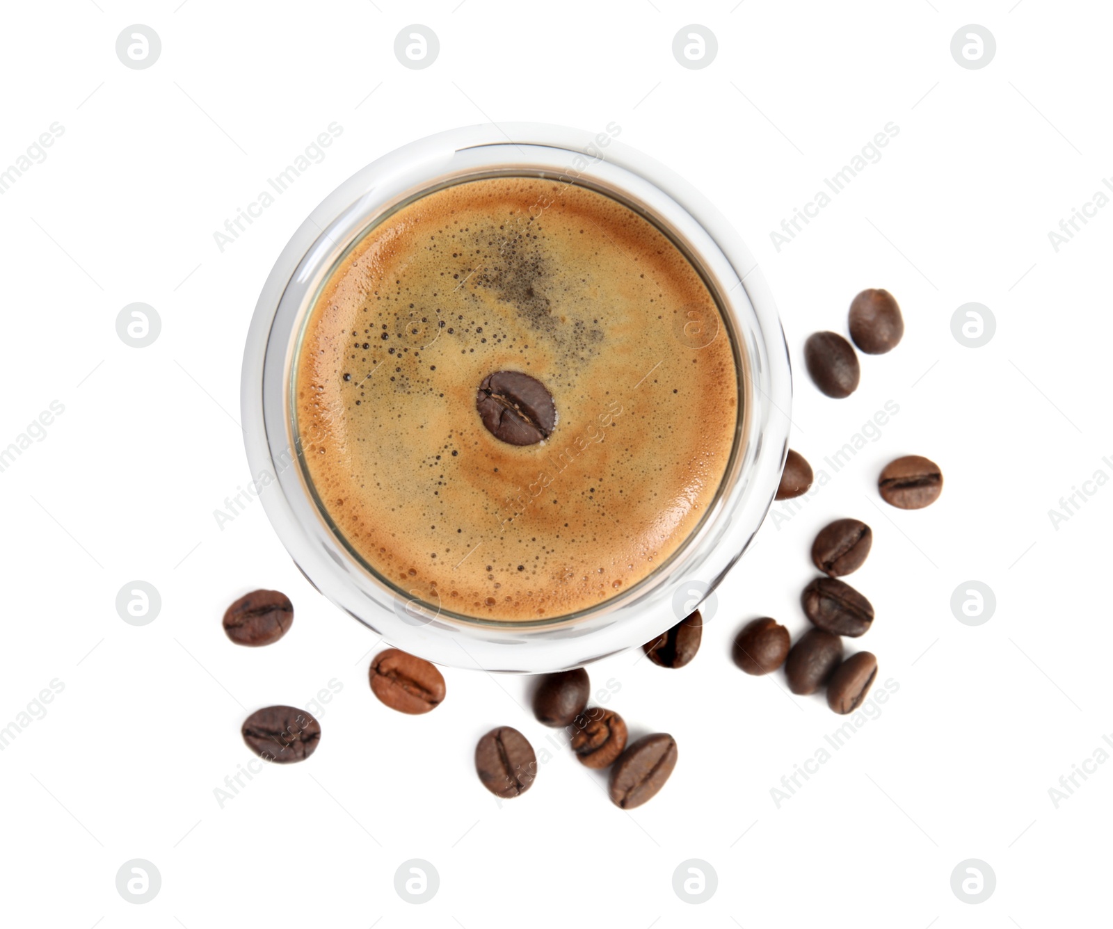 Photo of Cup of tasty coffee and beans isolated on white, top view