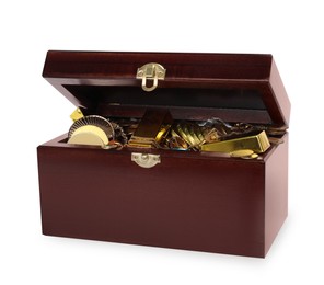 Wooden treasure chest with gold bars, coins, jewelry and gemstones isolated on white