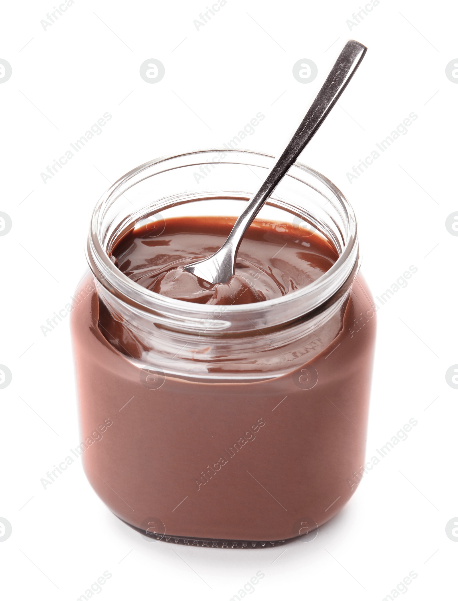 Photo of Glass jar with tasty chocolate cream and spoon isolated on white