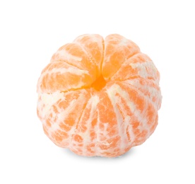 Peeled fresh ripe tangerine on white background