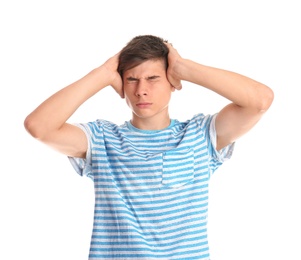 Photo of Teenage boy in casual clothes on white background