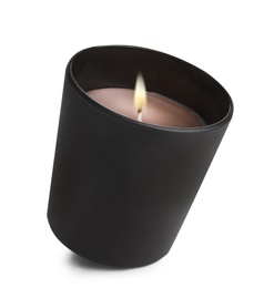 Aromatic burning candle in black holder isolated on white