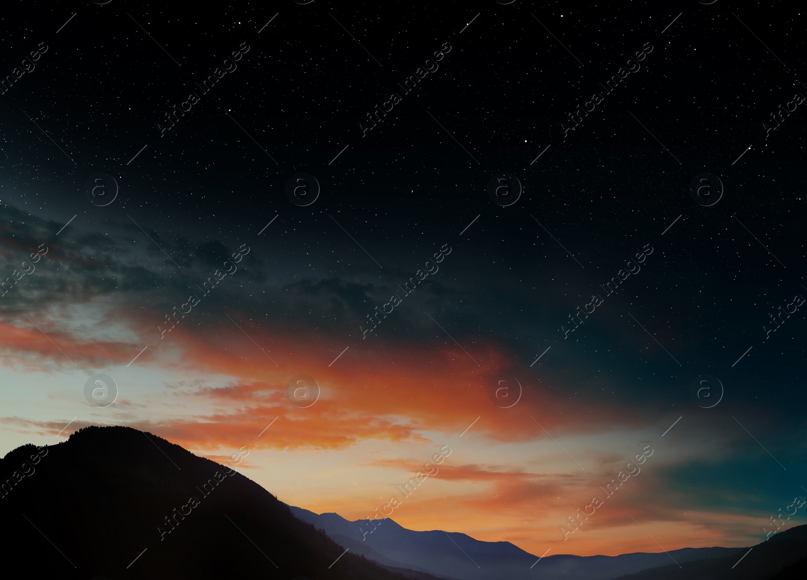 Image of Mountain landscape and beautiful starry sky at night