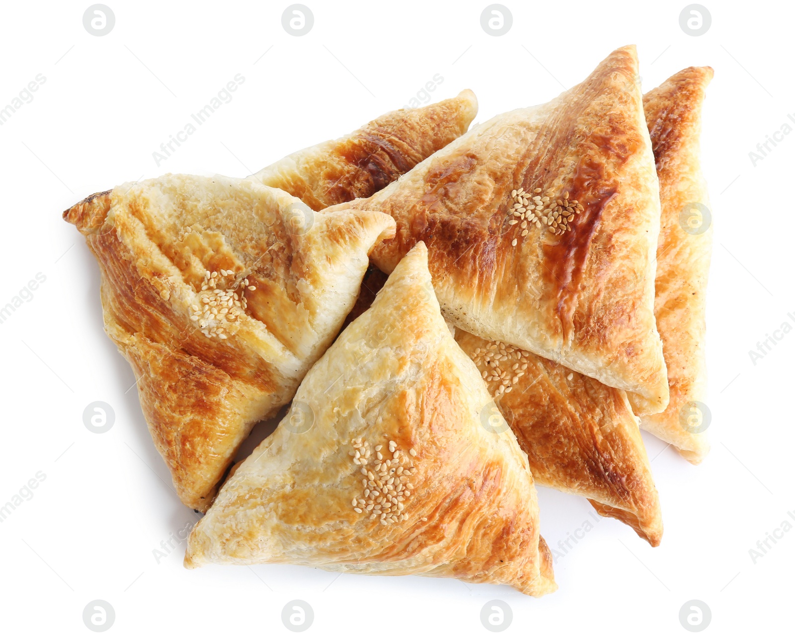 Photo of Fresh delicious puff pastry on white background, flat lay