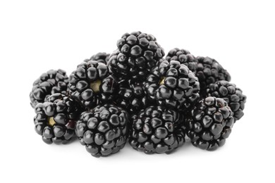 Many tasty ripe blackberries on white background