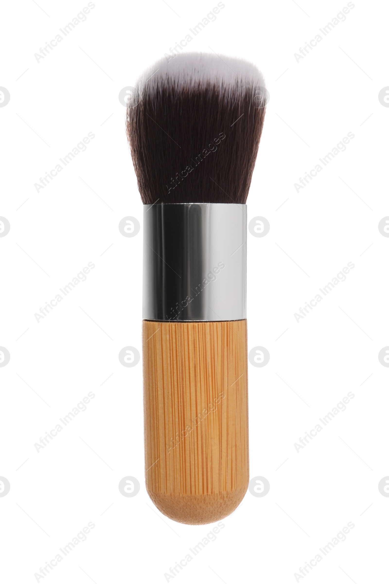 Photo of Makeup brush with wooden handle isolated on white