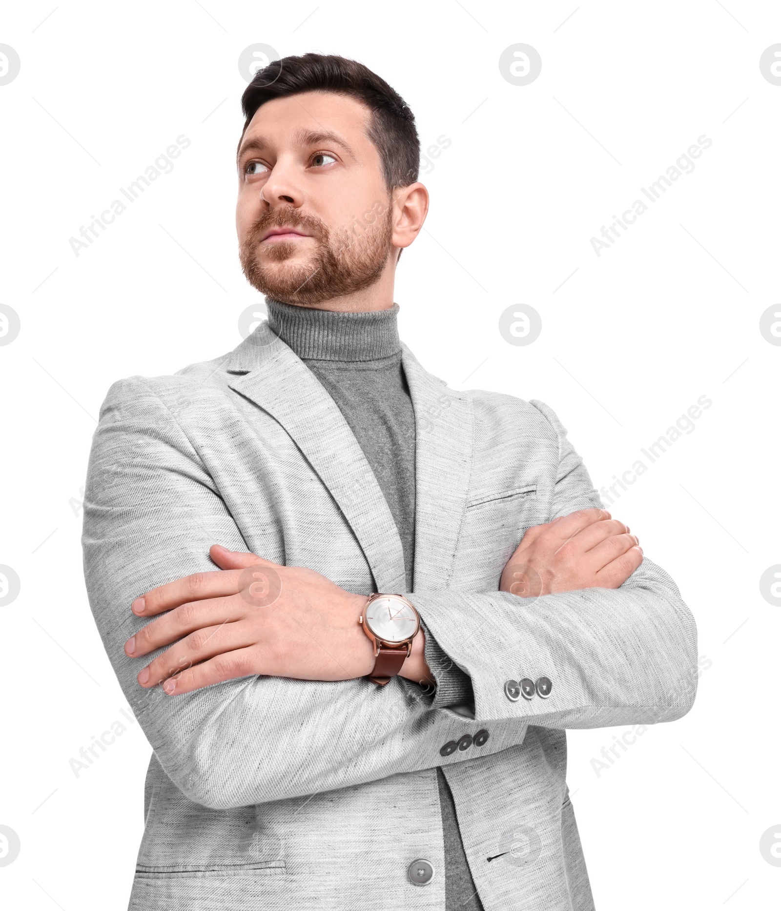 Photo of Handsome bearded businessman in suit on white background