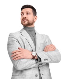 Photo of Handsome bearded businessman in suit on white background