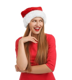 Photo of Young beautiful woman in Santa hat on white background. Christmas celebration