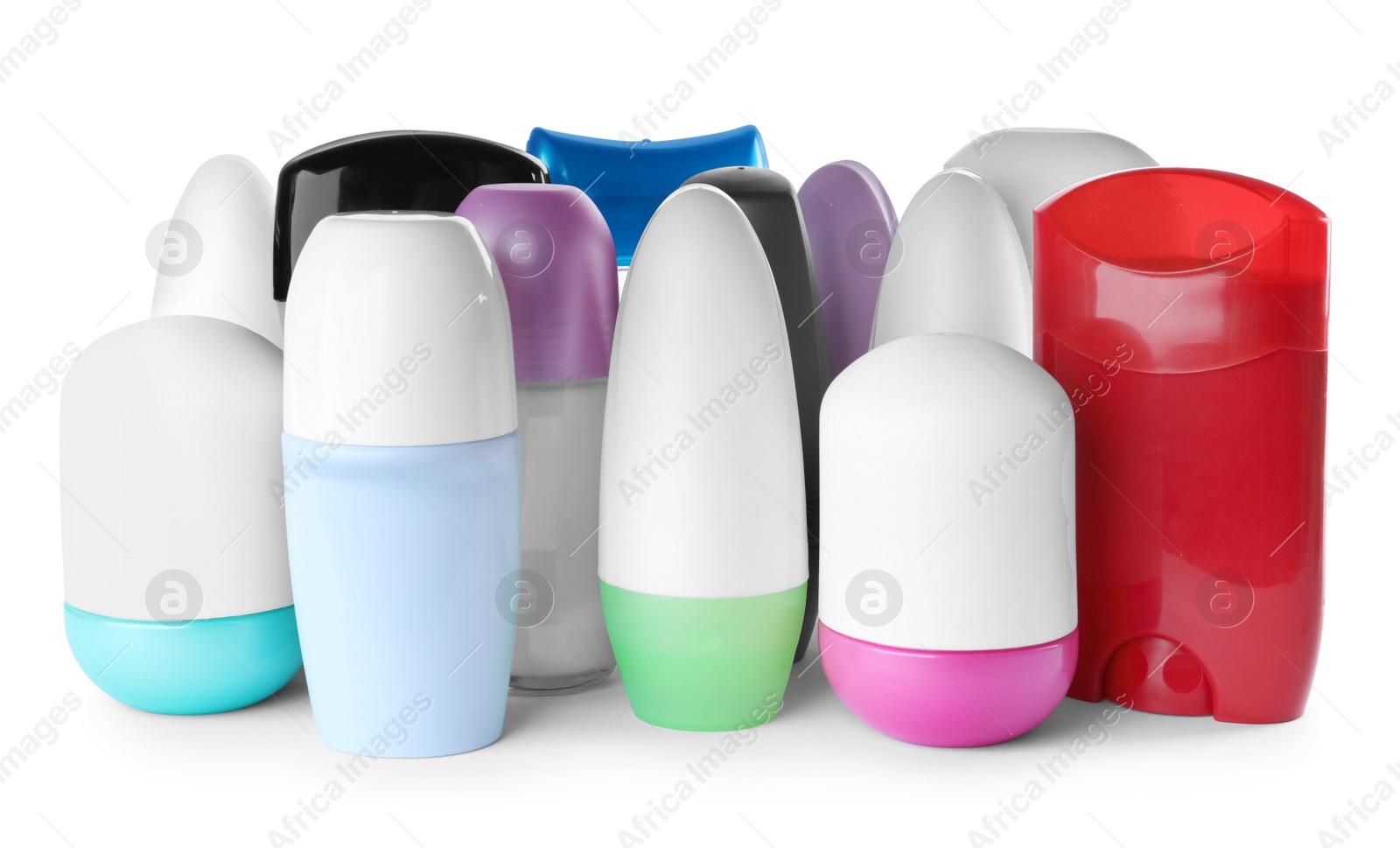Photo of Different natural deodorants on white background. Skin care