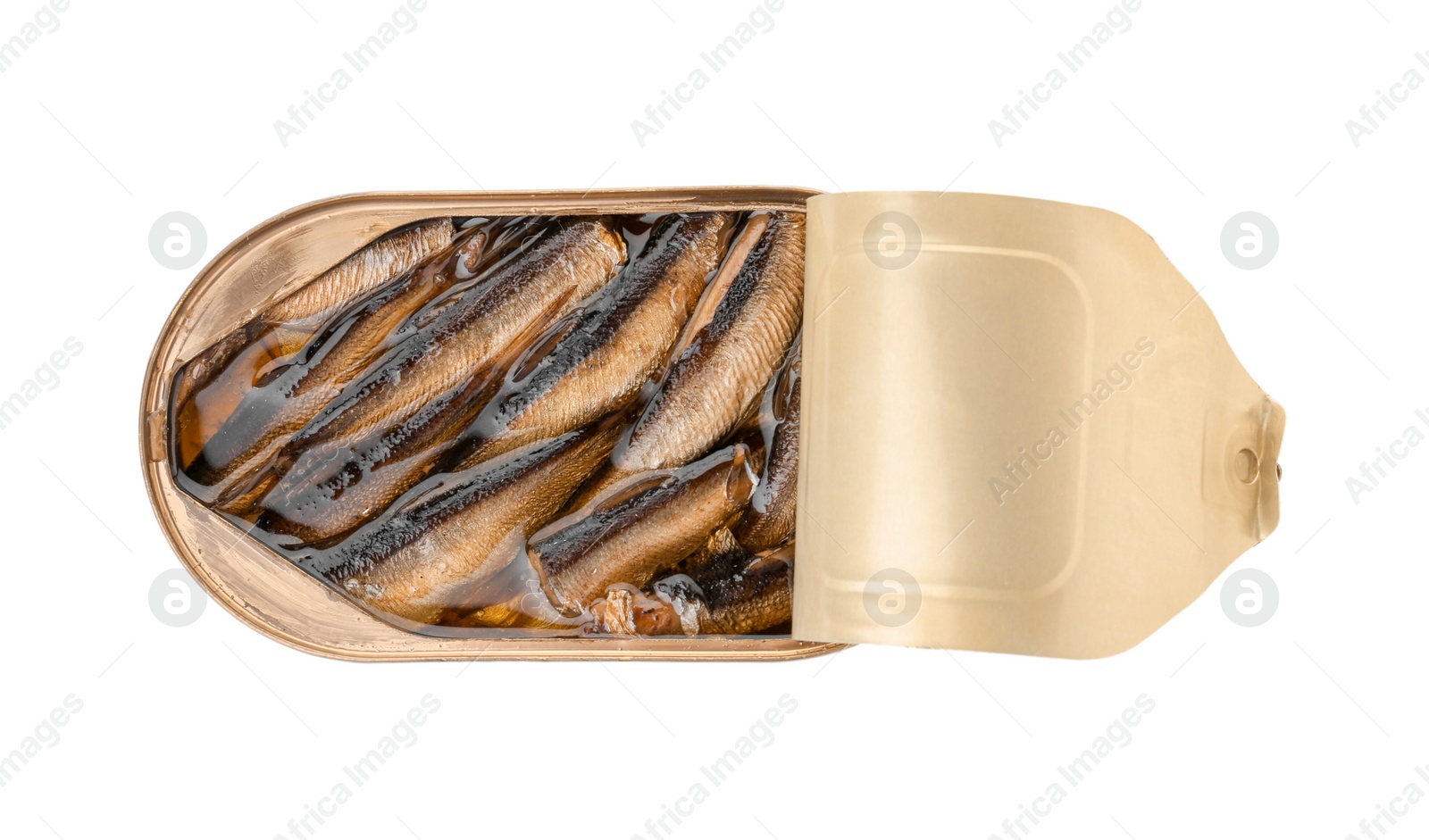 Photo of Tin can with conserved fish on white background, top view