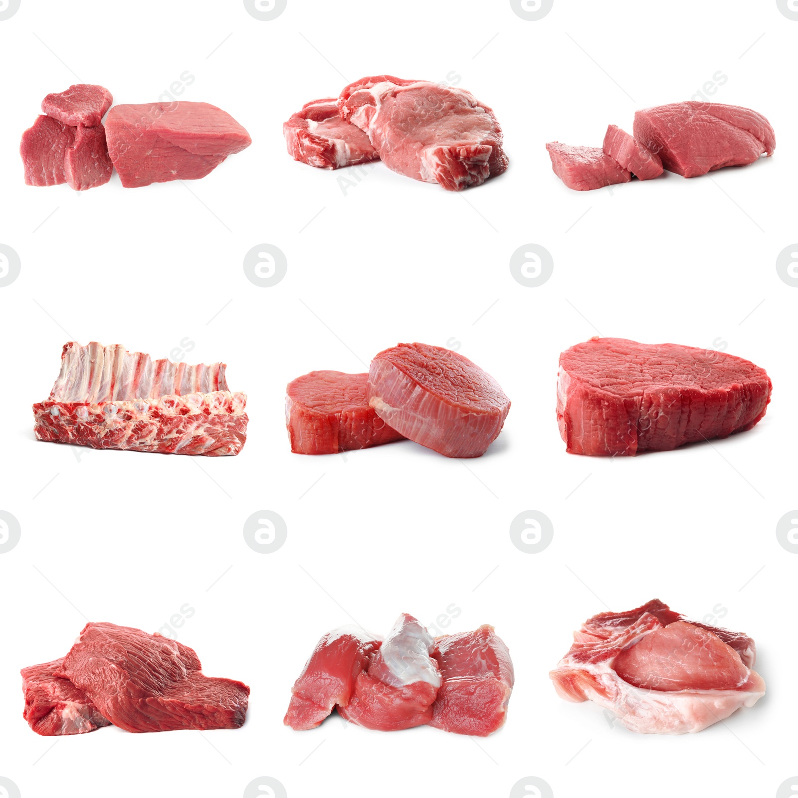 Image of Set with raw meat on white background