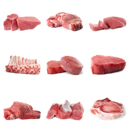 Image of Set with raw meat on white background