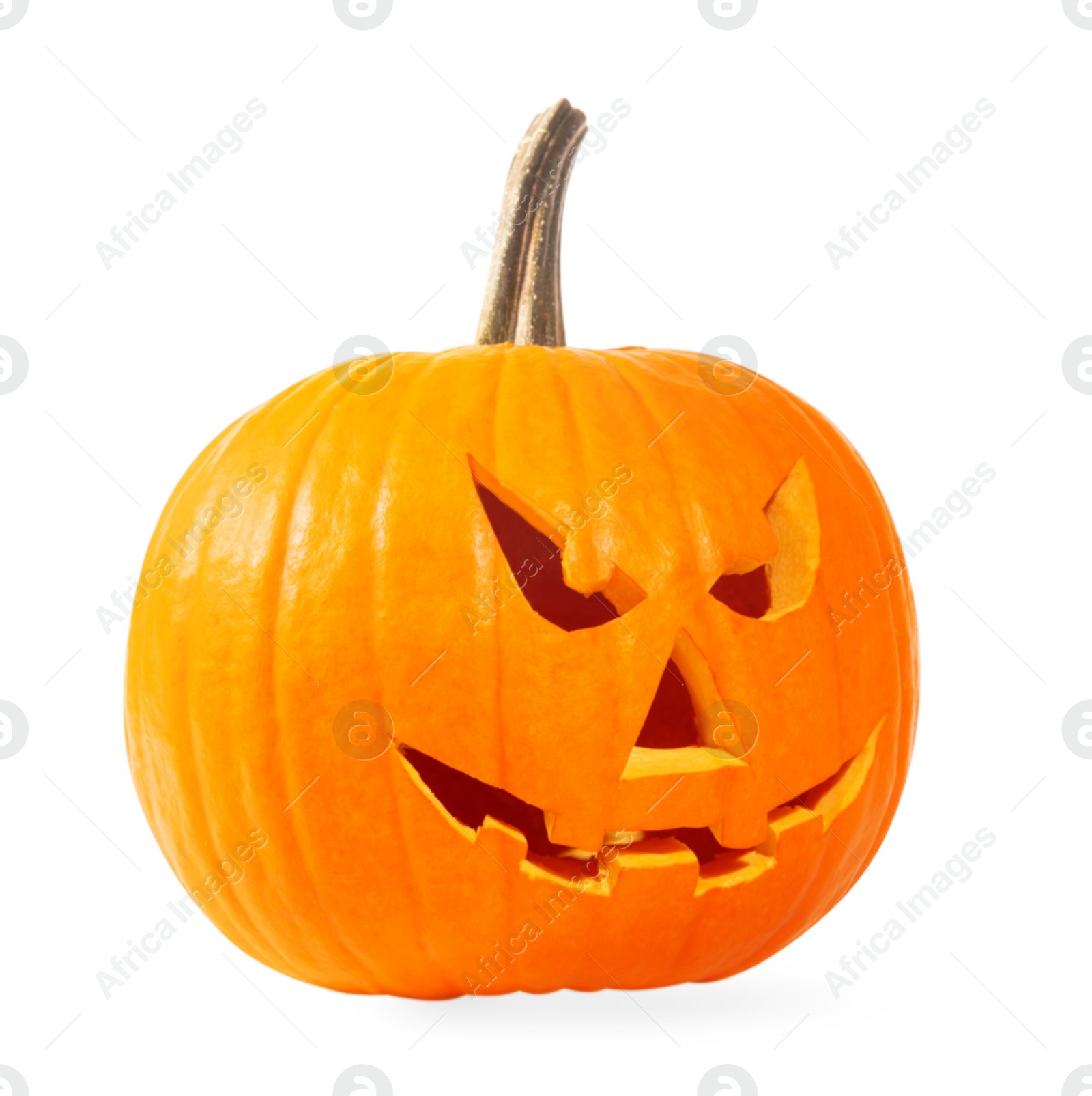 Photo of Scary jack o'lantern pumpkin isolated on white. Halloween decor