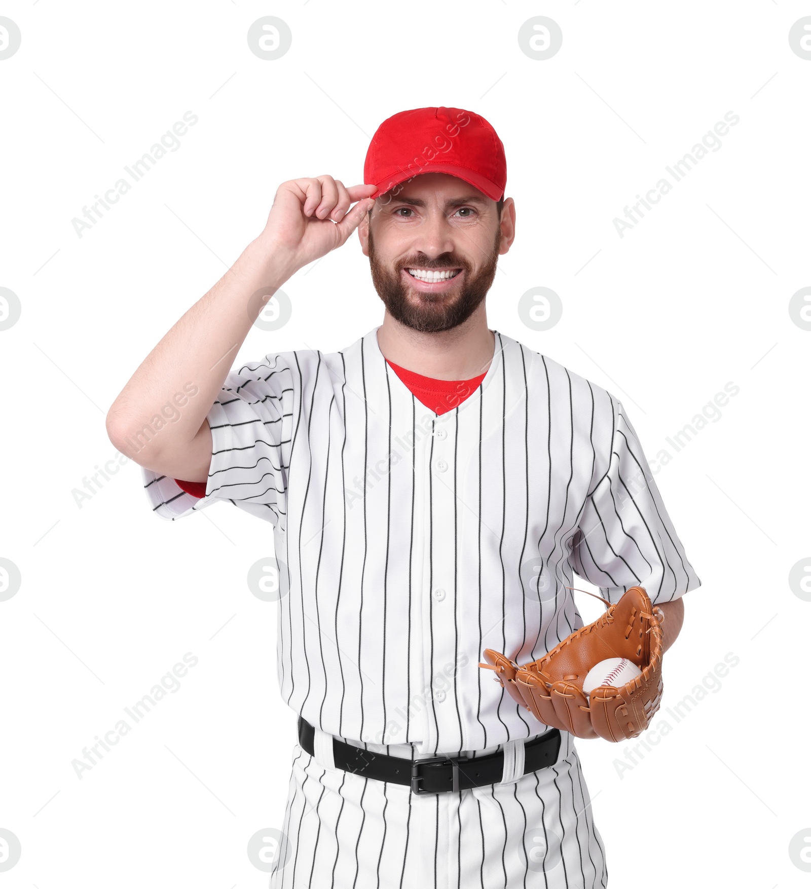 Photo of Baseball player with leather glove and ball on white background