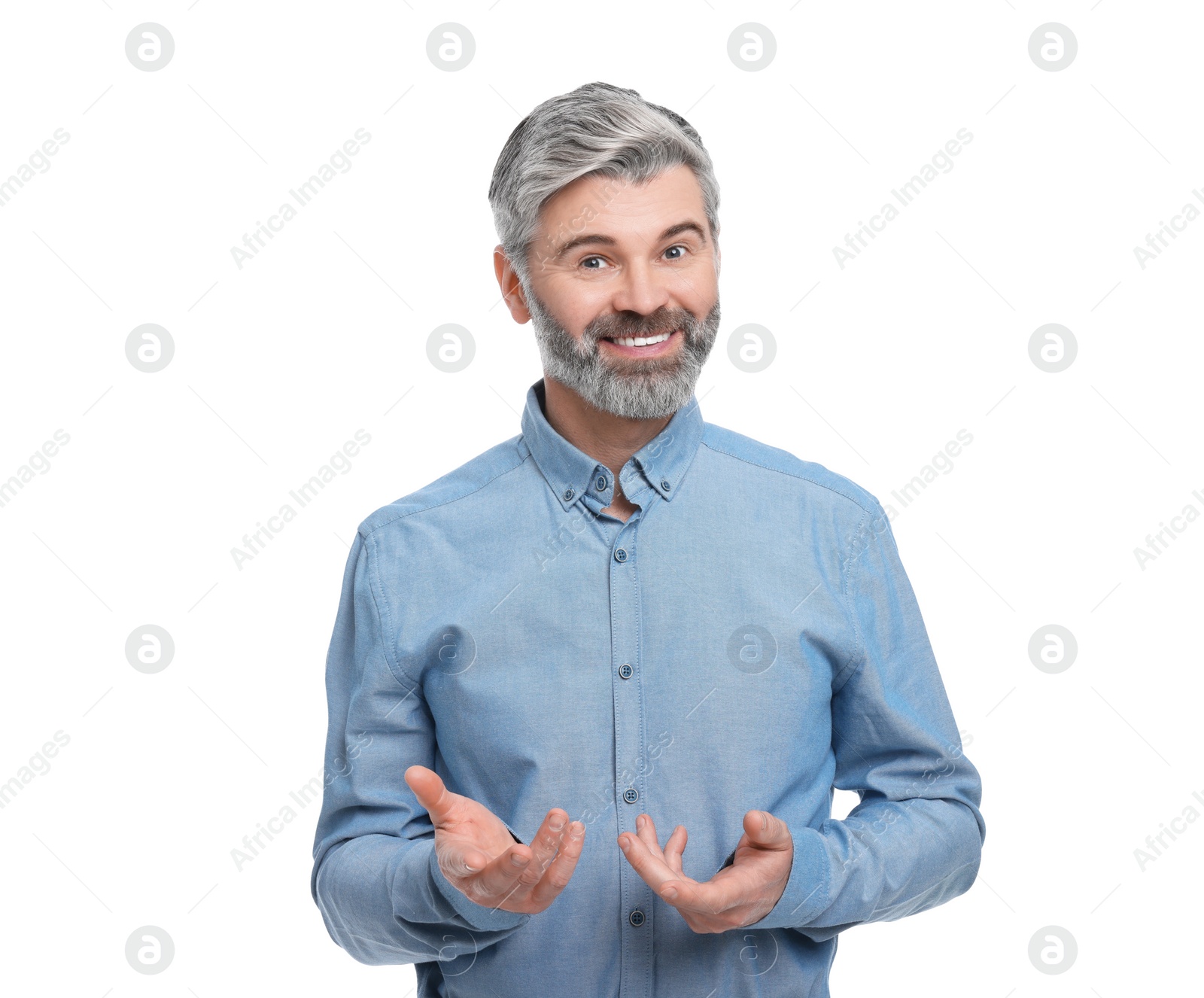 Photo of Mature businessman in stylish clothes posing on white background