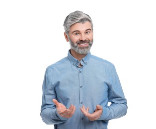 Photo of Mature businessman in stylish clothes posing on white background