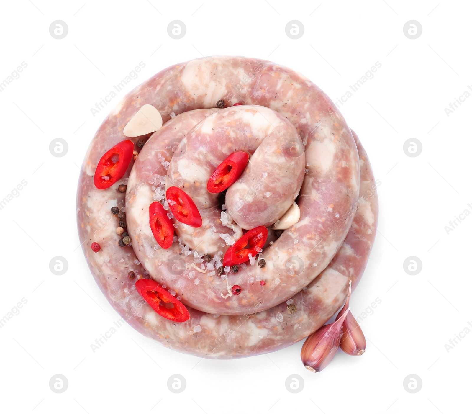 Photo of Homemade sausage, garlic, chili and spices isolated on white, top view