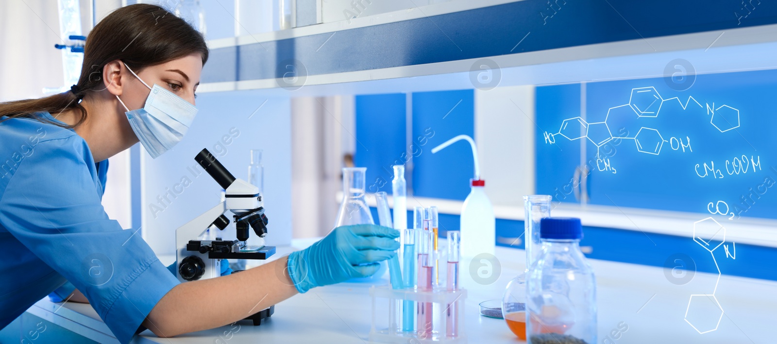 Image of Scientist working with microscope and test tubes for analysis in laboratory. Banner design  