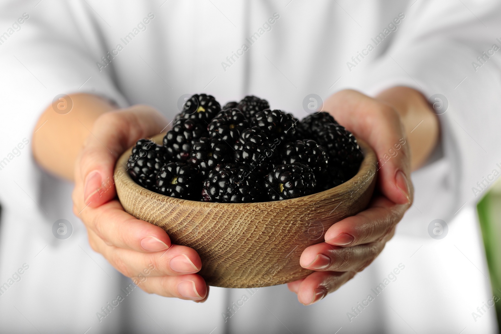 Photo of Woman holding bowl of fresh ripe black blackberries, closeup