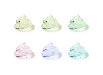 Image of Set with samples of cosmetic gels on white background