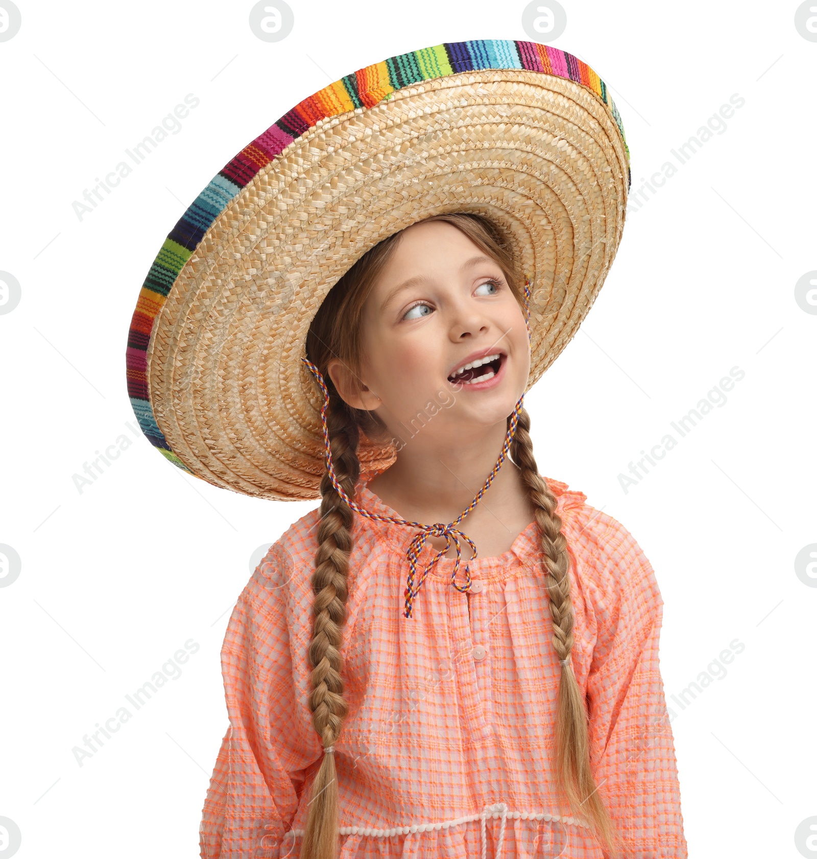 Photo of Cute girl in Mexican sombrero hat on white background