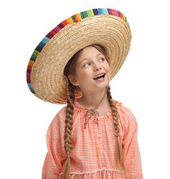 Cute girl in Mexican sombrero hat on white background