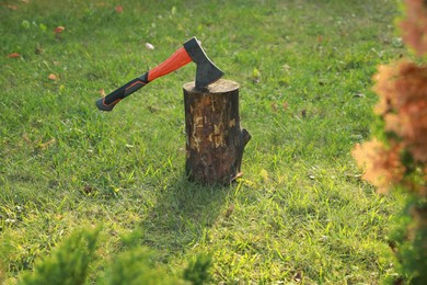 Photo of Metal axe in wood log on green grass