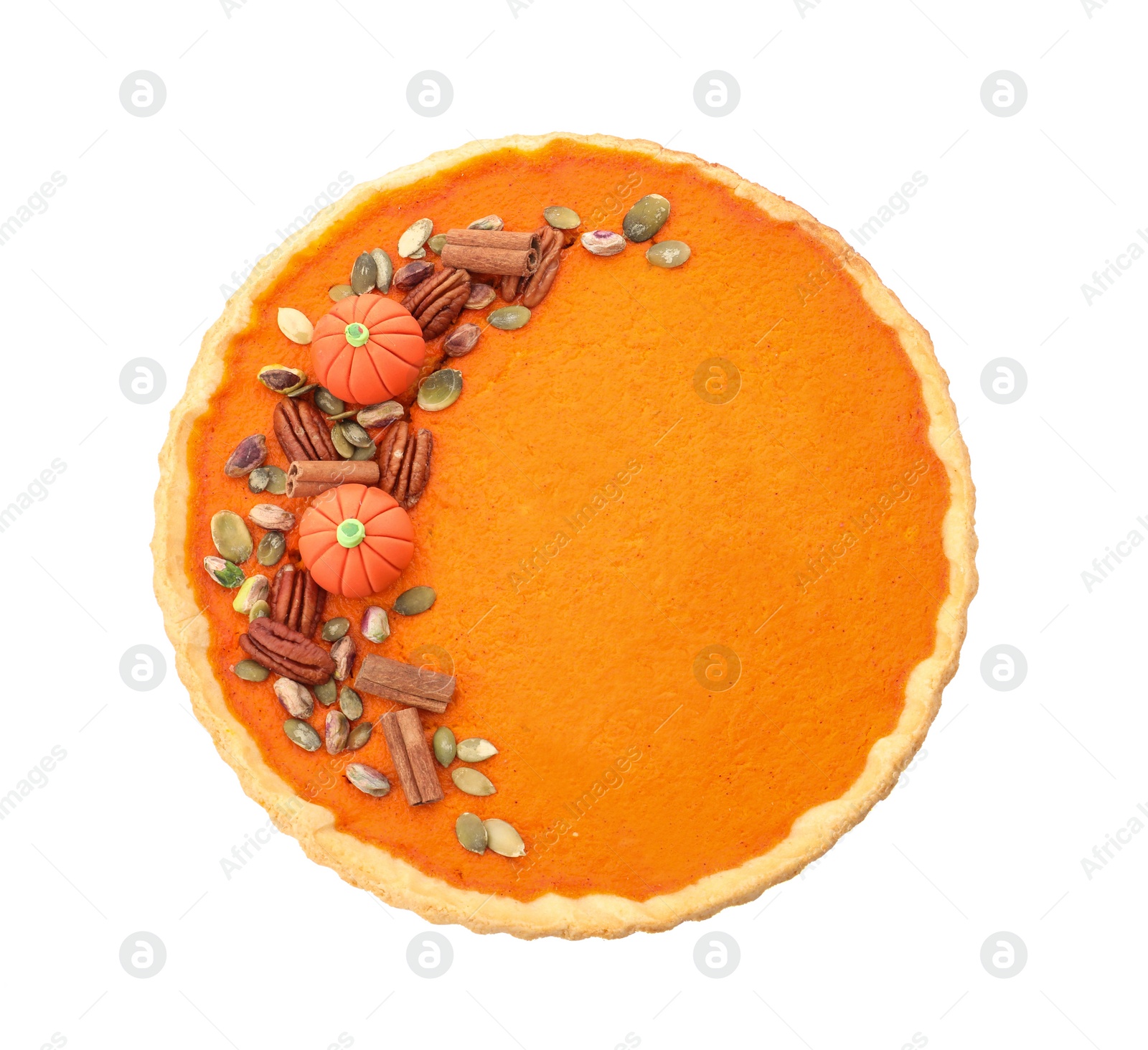 Photo of Delicious homemade pumpkin pie isolated on white, top view