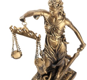Photo of Statue of Lady Justice isolated on white, above view. Symbol of fair treatment under law