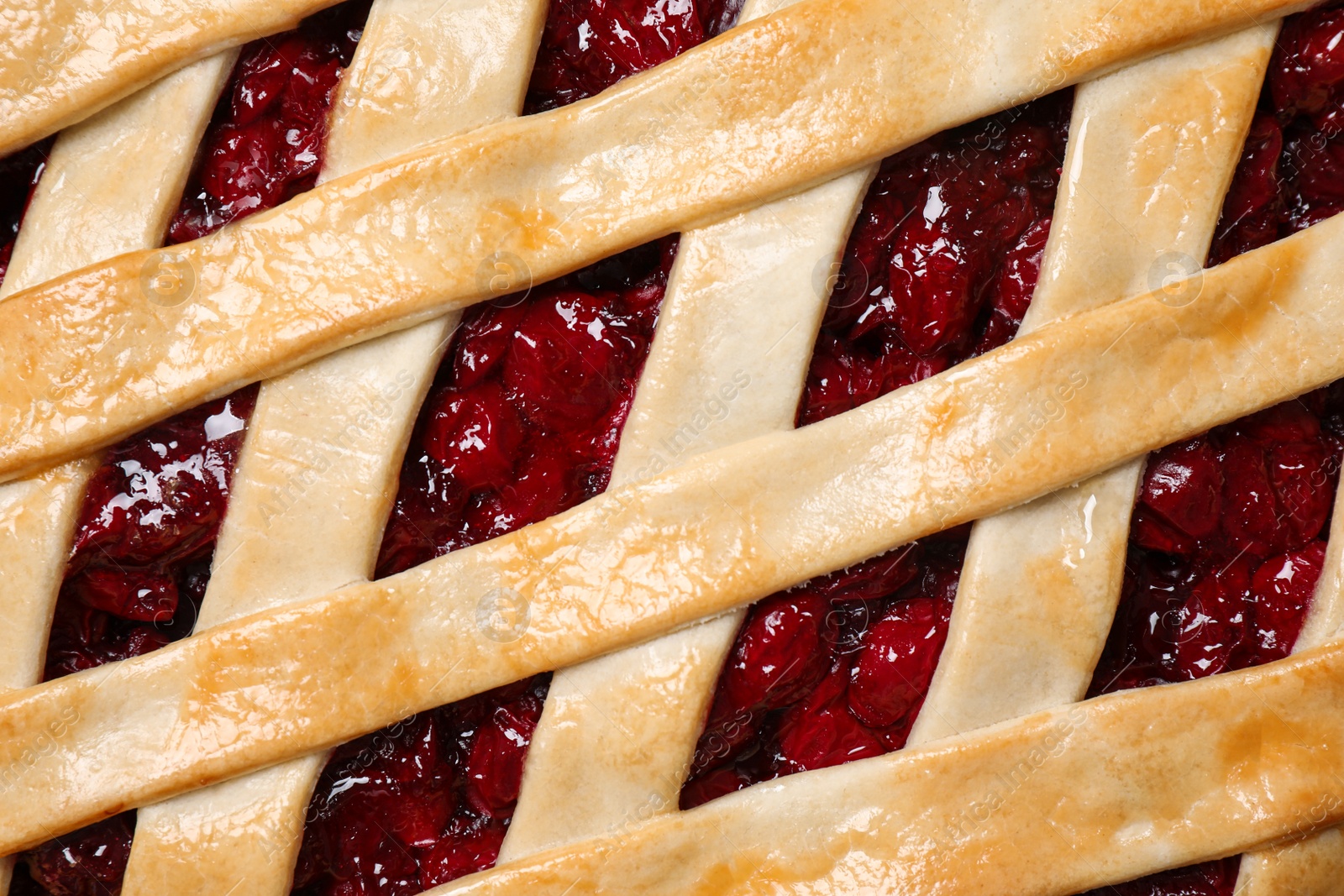 Photo of Delicious fresh cherry pie as background, top view