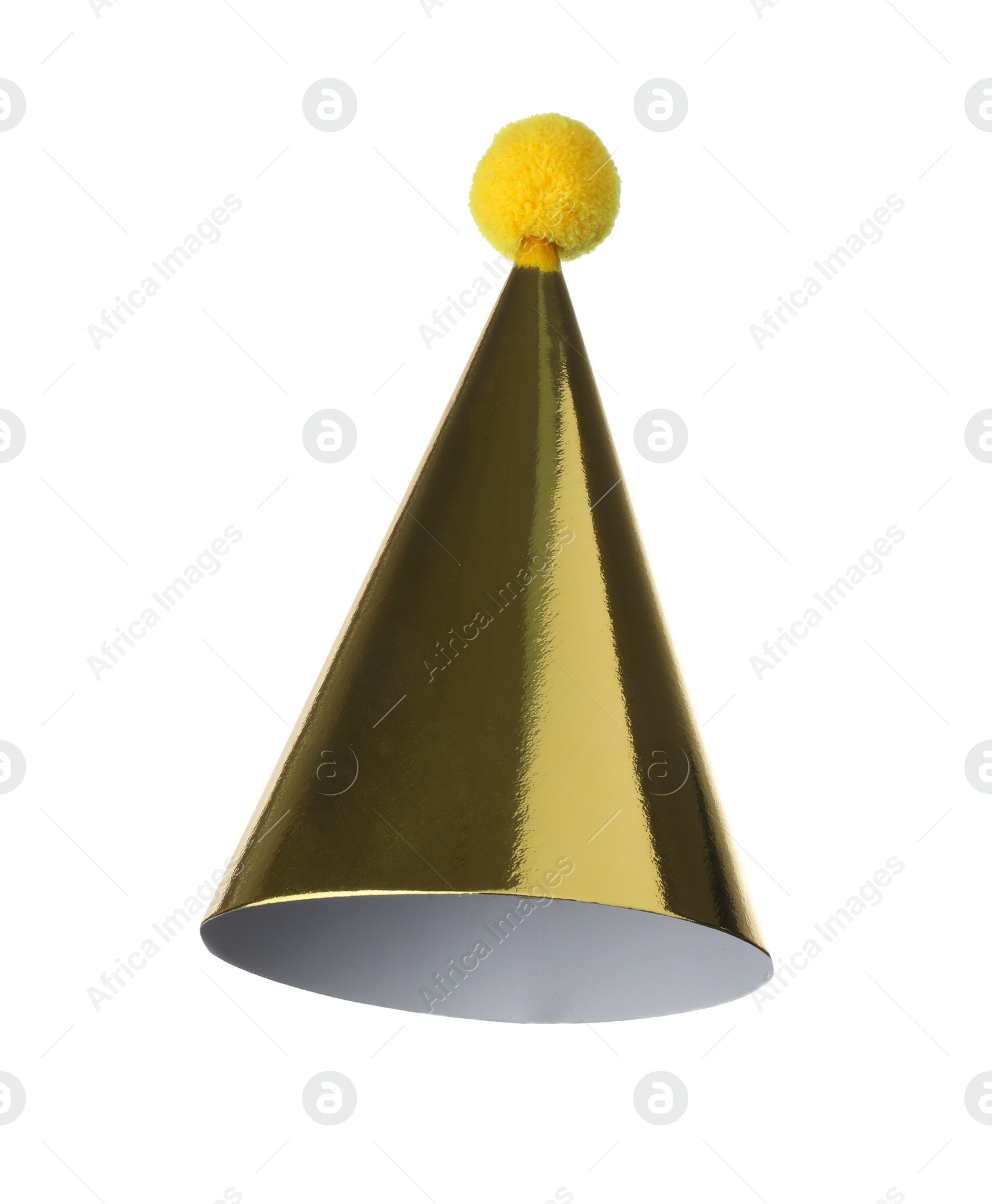 Photo of One shiny golden party hat isolated on white