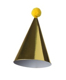 Photo of One shiny golden party hat isolated on white