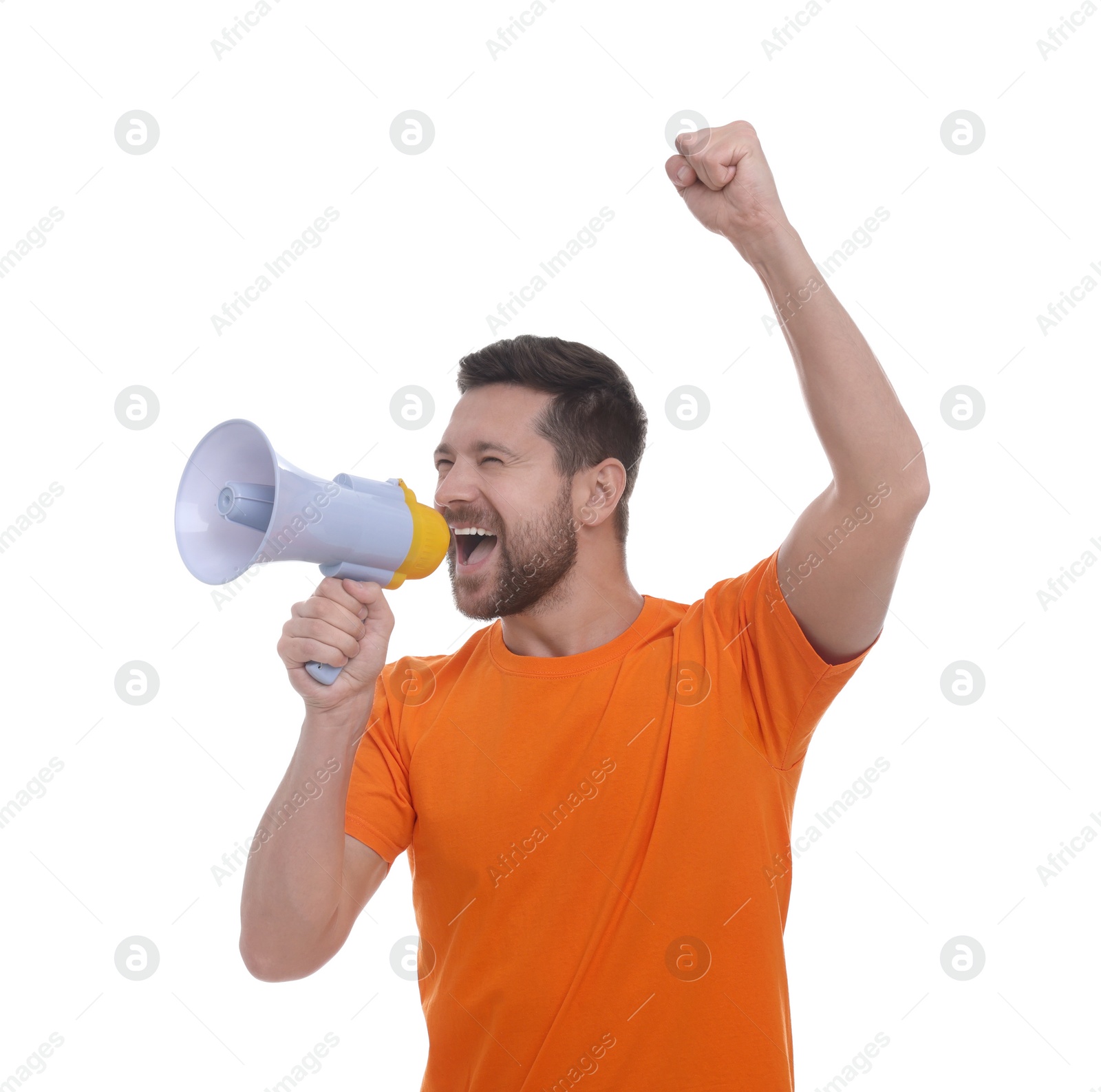Photo of Emotional sports fan with megaphone celebrating on white background
