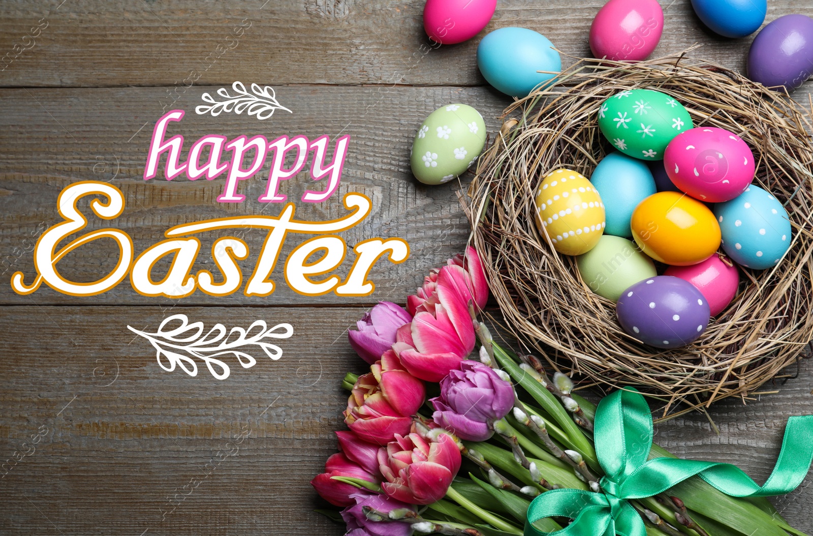 Image of Happy Easter. Bright painted eggs and tulips on wooden table, flat lay 