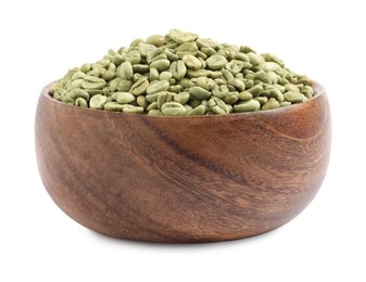 Photo of Wooden bowl with green coffee beans isolated on white