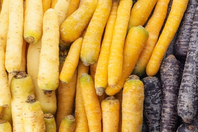 Photo of Pile of different carrots as background, top view