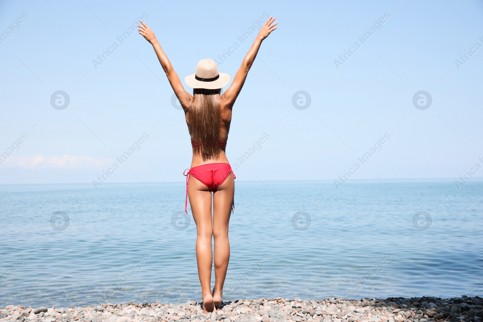 Photo of Sexy young woman in stylish bikini and straw hat on seashore, back view. Space for text